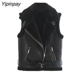 Yipinpay Women Fashion Winter Faux Leather Vest Jacket 2023 Fleece lLning Thicken Warm Coat Vintage PU Female Waistcoat Chic Tops