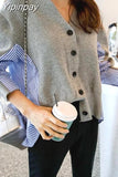 Yipinpay Patchwork Sweater Button Cardigan Laine Lovely Jumper V Neck Black Grey Sweaters Casual Women Autumn Knitting Stripe Tops