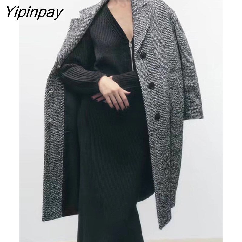 Yipinpay 2023 Gray Women Winter Classic Woolen Overcoat Warm Long Sleeved Single Breasted Coat Ladies Fashion Notched Streetwear
