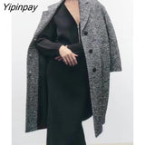 Yipinpay 2023 Gray Women Winter Classic Woolen Overcoat Warm Long Sleeved Single Breasted Coat Ladies Fashion Notched Streetwear