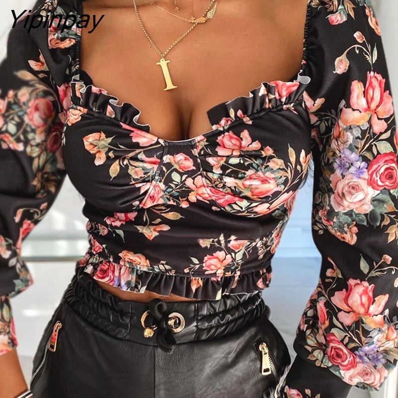 Yipinpay Sleeve Square Neck Floral Print Top Women Plus Size Tops Spring Tops and Blouses