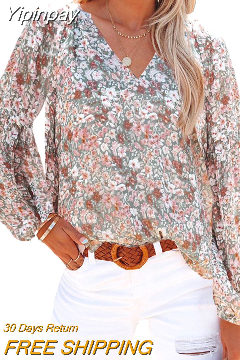 Yipinpay and Winter Fashion Women's V-neck Chiffon Top Women Lantern Sleeves Office T-shirt Floral Chiffon Shirt Female 2023 New