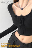 Yipinpay Drawstring Crop Tops Women Spring Autumn New Style Slim Square Neck Long Sleeve T-shirt for Teen Girls Ins Fashion