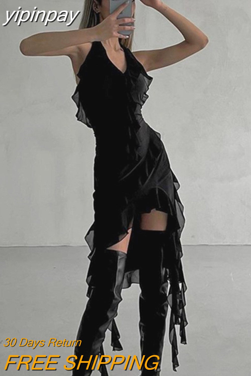 yipinpay 2023 Sexy Backless Women Lace Up Ruffles Halter Off Shoulder Mini Dress Club Fashion Party Evening Black Y2K Dress Summer