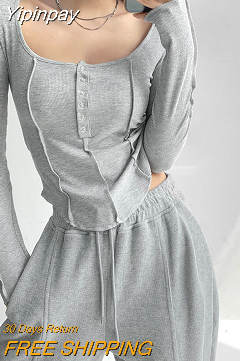 Yipinpay y2k Women T-shirt New Slim Single Breasted Long Sleeve Tees Patchwork Square Neck Cropped Tops Female