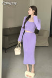 Yipinpay two piece skirt set Plush knit women long sleeve crop top +High waist midi skirts Elegant fall Winter 2023 white purple set