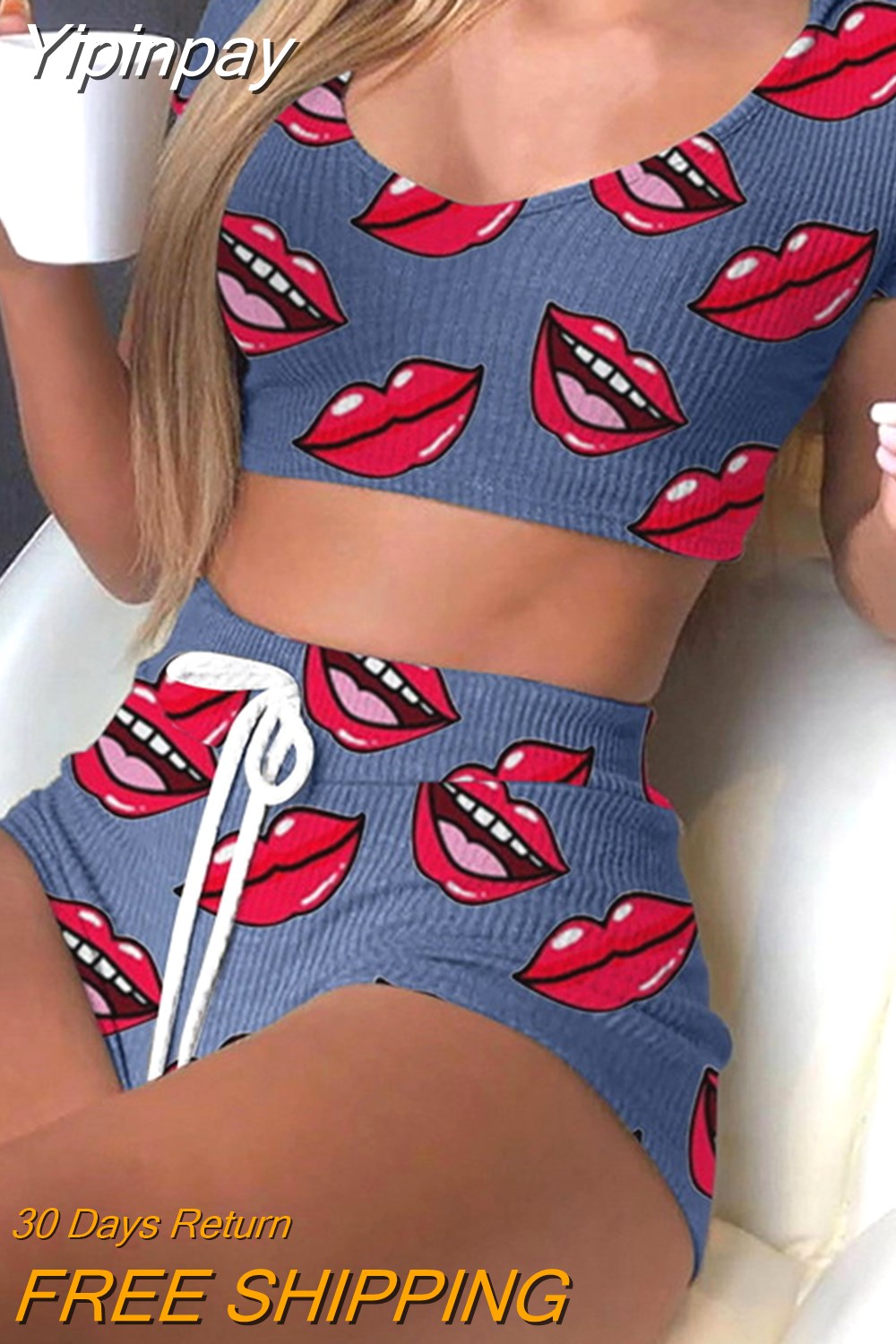 Yipinpay Lips Print Sportswear Women's 2023 Summer Crop Top And Drawstring Biker Shorts Matching Two Piece Sets