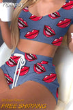 Yipinpay Lips Print Sportswear Women's 2023 Summer Crop Top And Drawstring Biker Shorts Matching Two Piece Sets