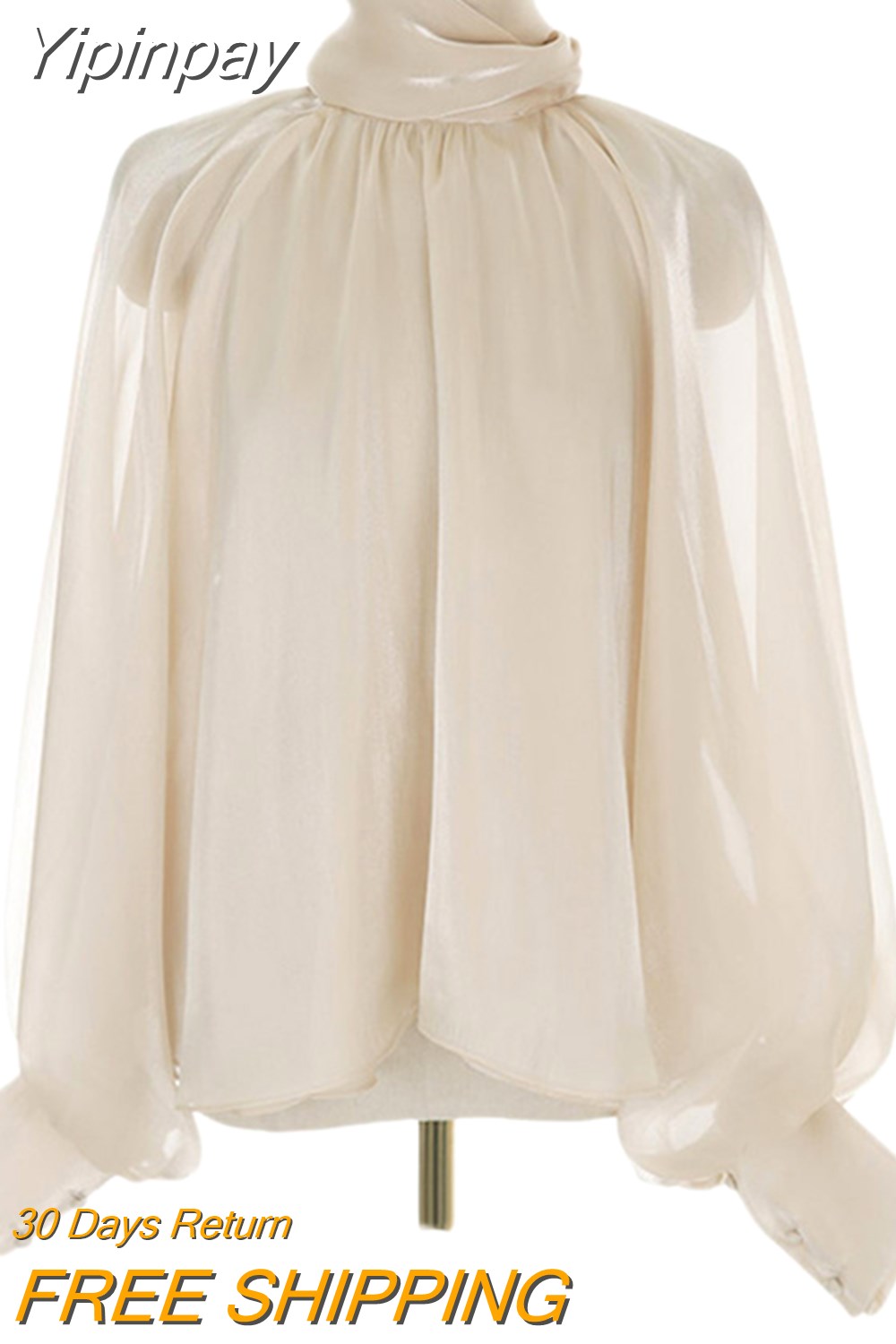 Yipinpay Fashion White Shirts Women French Loose Bow Blouse Female Elegant Turtleneck Puff Sleeve Tops 2023 New