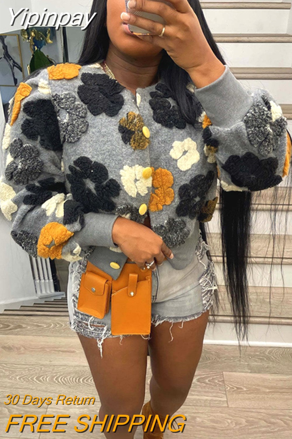 Yipinpay Cotton Rib Knit Sweater For Woman 3D Flower Single-breasted Cardigan Coat Street Temperament Casual Pull Hiver Femme