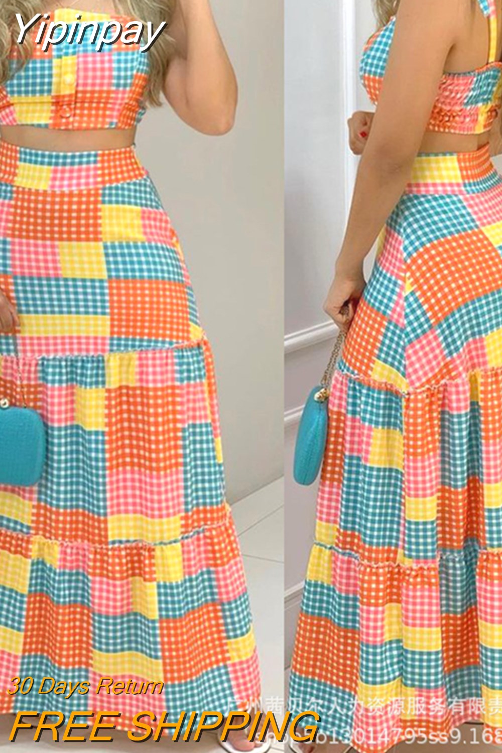 Yipinpay Fashion Holiday Floral Print O Neck Crop Top Shirr +Slit High Waist Women Maxi Skirt Sets 2023 Female Fashion New