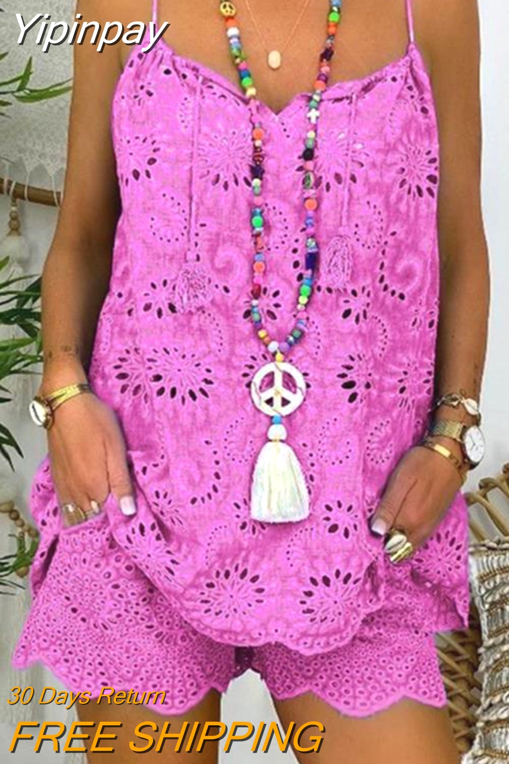 Yipinpay Two Piece Sets Women Outifits Casual V-Neck Sleeveless Camis Eyelet Embroidery Tassel Top Shorts Set 2023 Fashion Women Suit