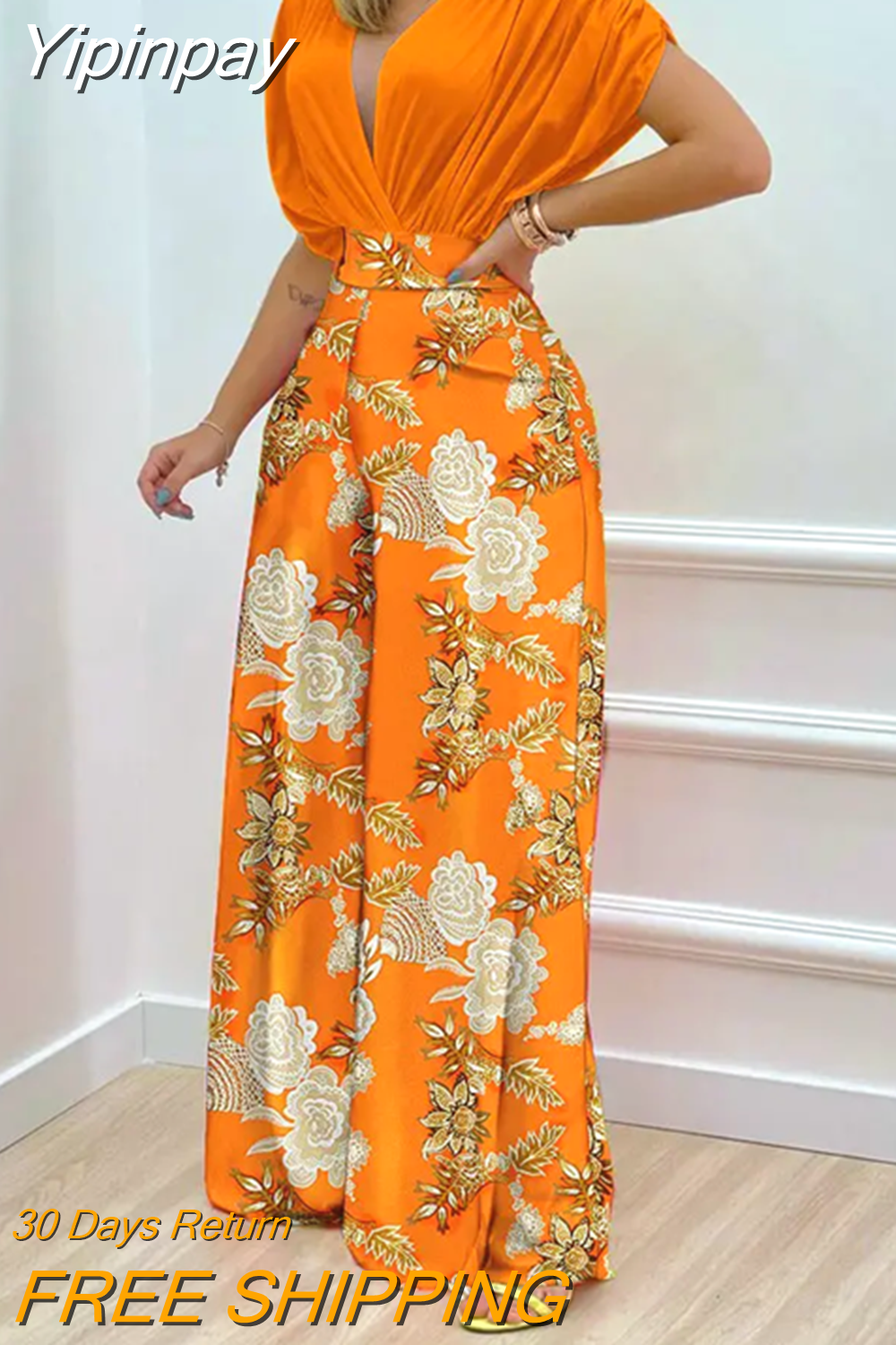 Yipinpay New Woman Summer Batwing Sleeve Wrap Top & Floral Print Wide Leg Pants Set Female & Lady Casual Office Sexy Two Pieces S