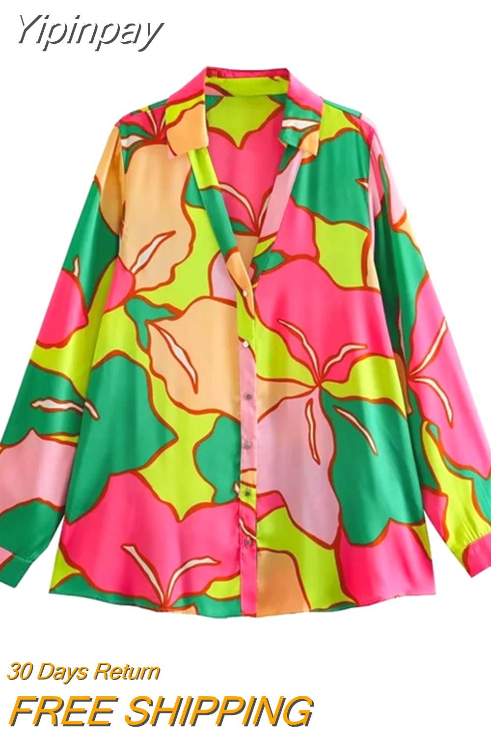 Yipinpay 2023 Blue Print Satin Shirt Woman Vintage Button Up Shirt Women Long Sleeve Shirts And Blouses Women Casual Loose Blouses
