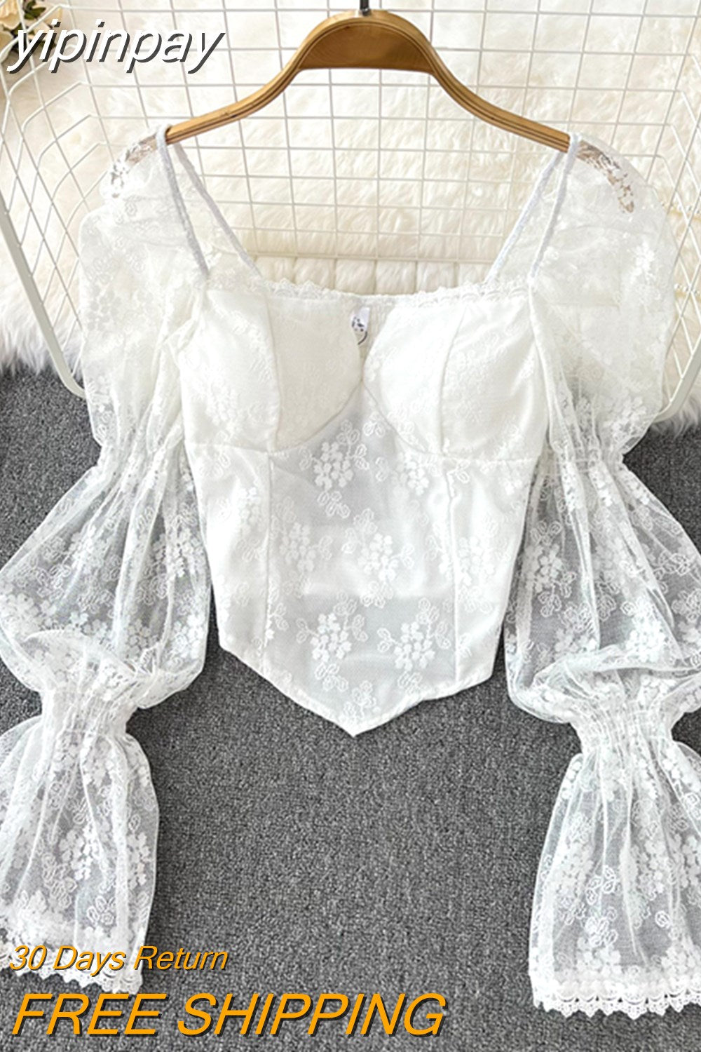 yipinpay 2023 Korean Fashion Elegant Lace Blusas Women Square Collar White Blouses Sexy Crop Top Shirts Female Black Camisas