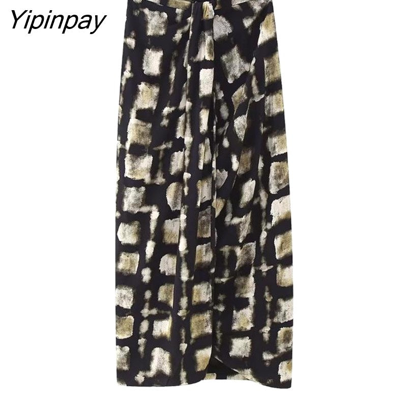 Yipinpay 2023 New Fashion Women Printed Skirts Sets Summer Casual Sleeveless Plaid Top Side Mid-Calf Skirts High Street Outwear