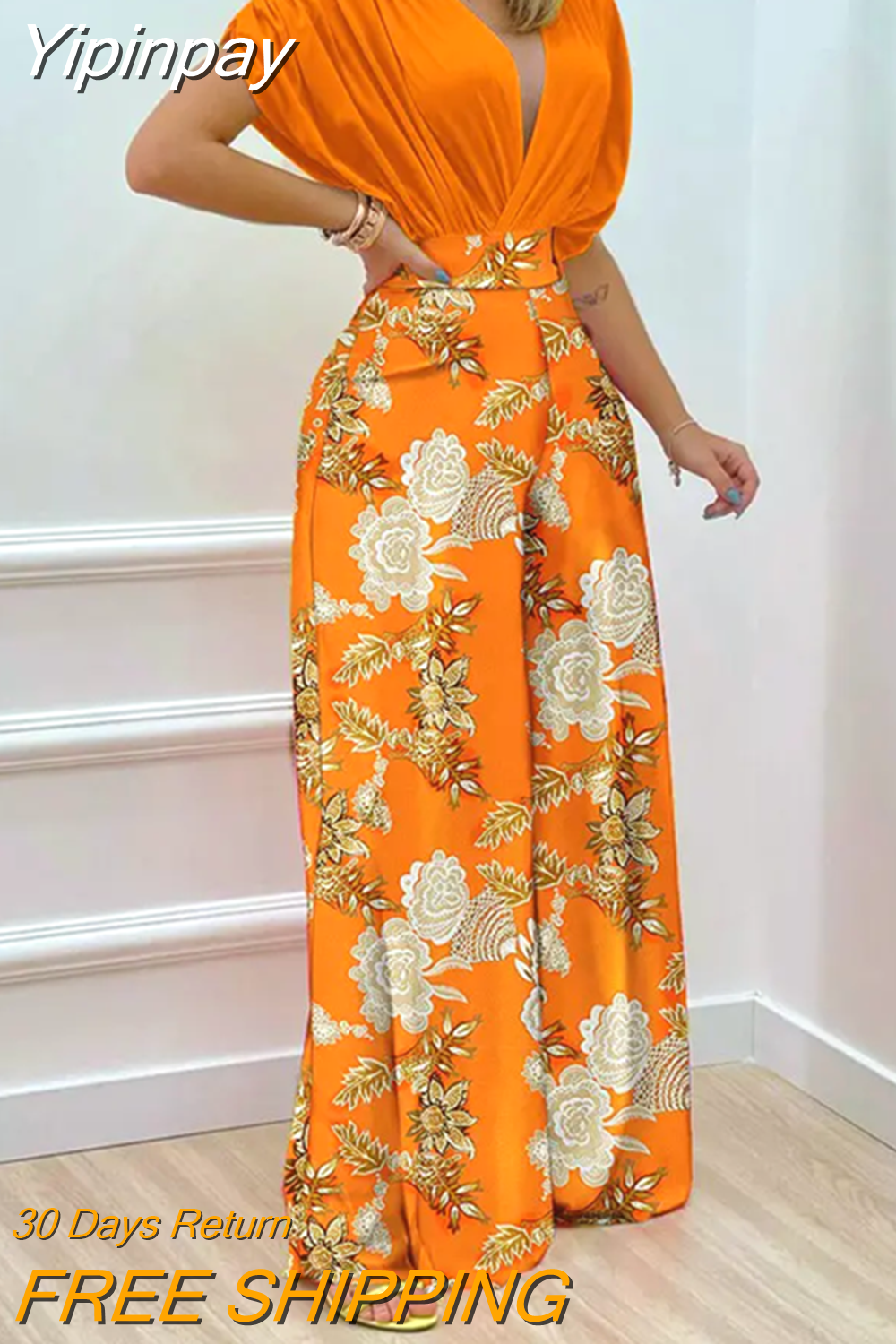 Yipinpay New Woman Summer Batwing Sleeve Wrap Top & Floral Print Wide Leg Pants Set Female & Lady Casual Office Sexy Two Pieces S