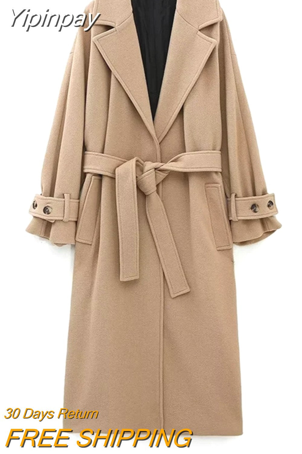 Yipinpay Black Long Coat For Women Long Sleeve Elegant Winter Woman Coats 2023 Fashion Belt Winter Overcoat Female New In Outerwears