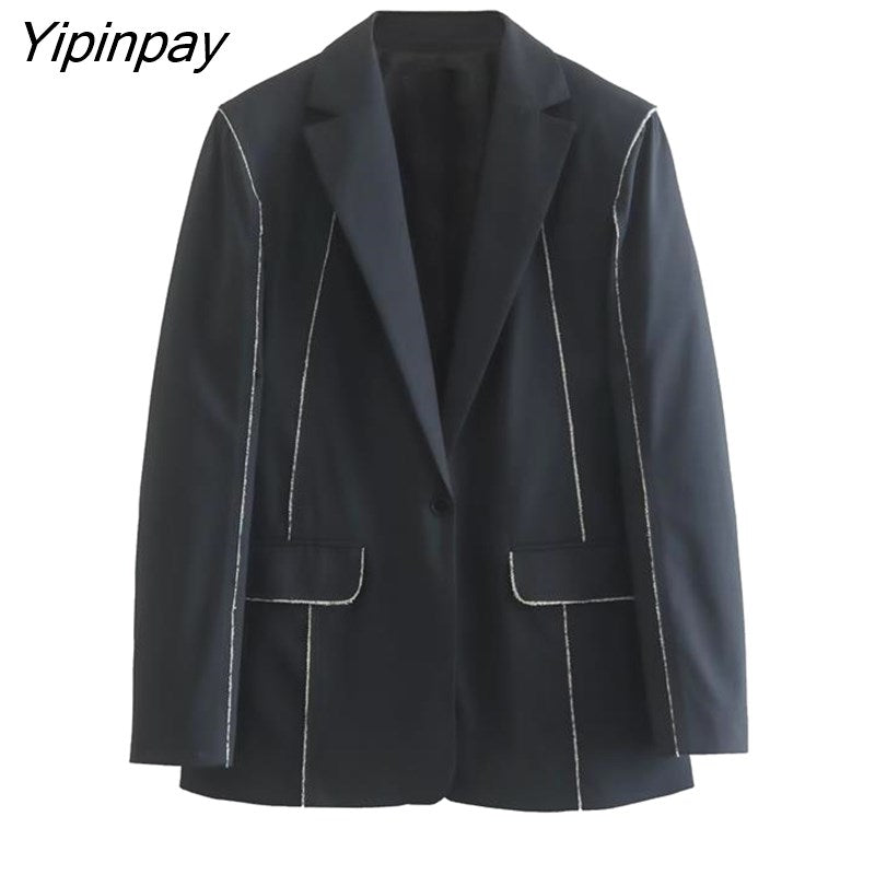 Yipinpay Women Fashion Single Button Blazer Coat 2023 Vintage Long Sleeve Flap Pockets Female Outerwear Chic Vestes Femme