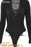 Yipinpay Autumn Black Long Sleeve Bodysuit Women Tops 2023 V Neck Bodycon Sexy Body Overalls Femme Elegant Night Party Bodysuits
