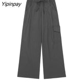 Yipinpay 2023 New Fashion Women Solid Cargo Pants Summer High Waist Straight Long Pants Casual High Street Pocket Outwear Two Colors