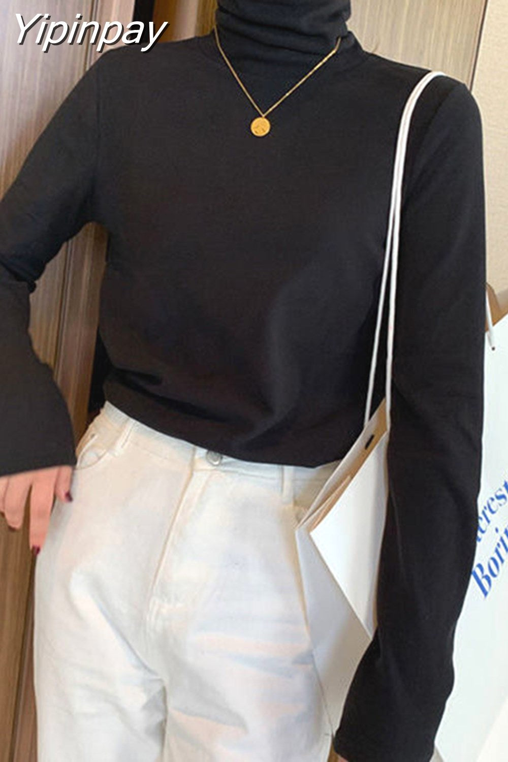 Yipinpay Women Polar Fleece Warm Tops Korean Solid Shirt for Girls Autumn Winter Turtleneck Long-sleeved Inside T-shirts