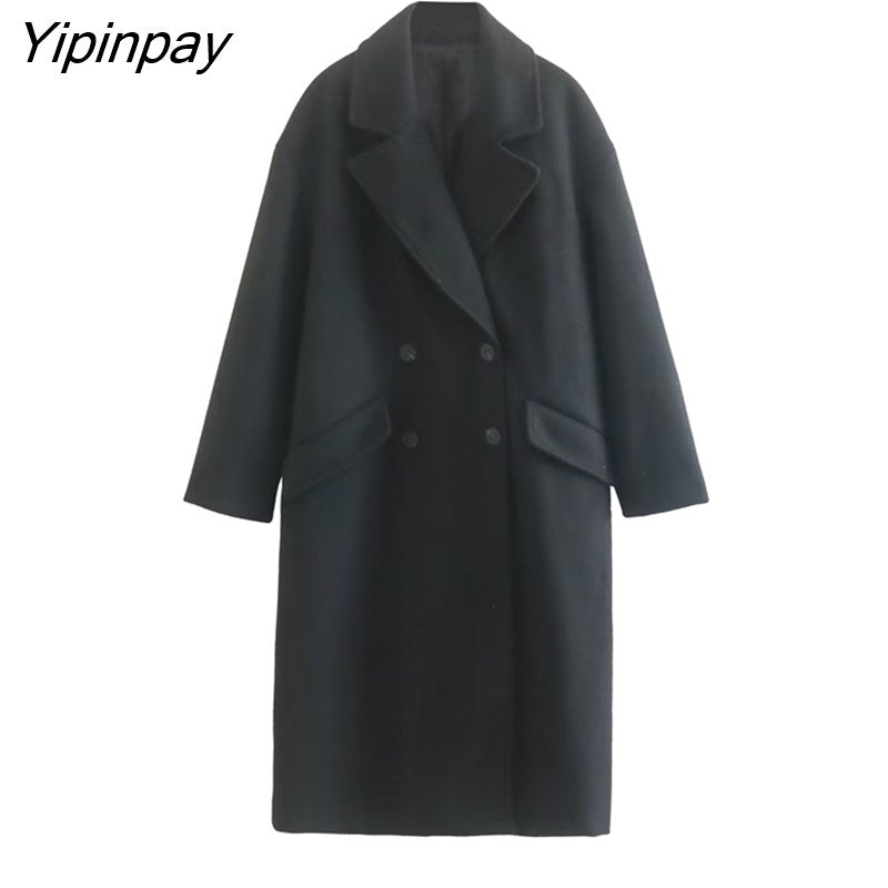 Yipinpay Elegant Ladies Loose Woolen Coat 2023 Winter Simple Double Breasted Long Sleeve Outwear Warm Basic Female Fashion Overcoat