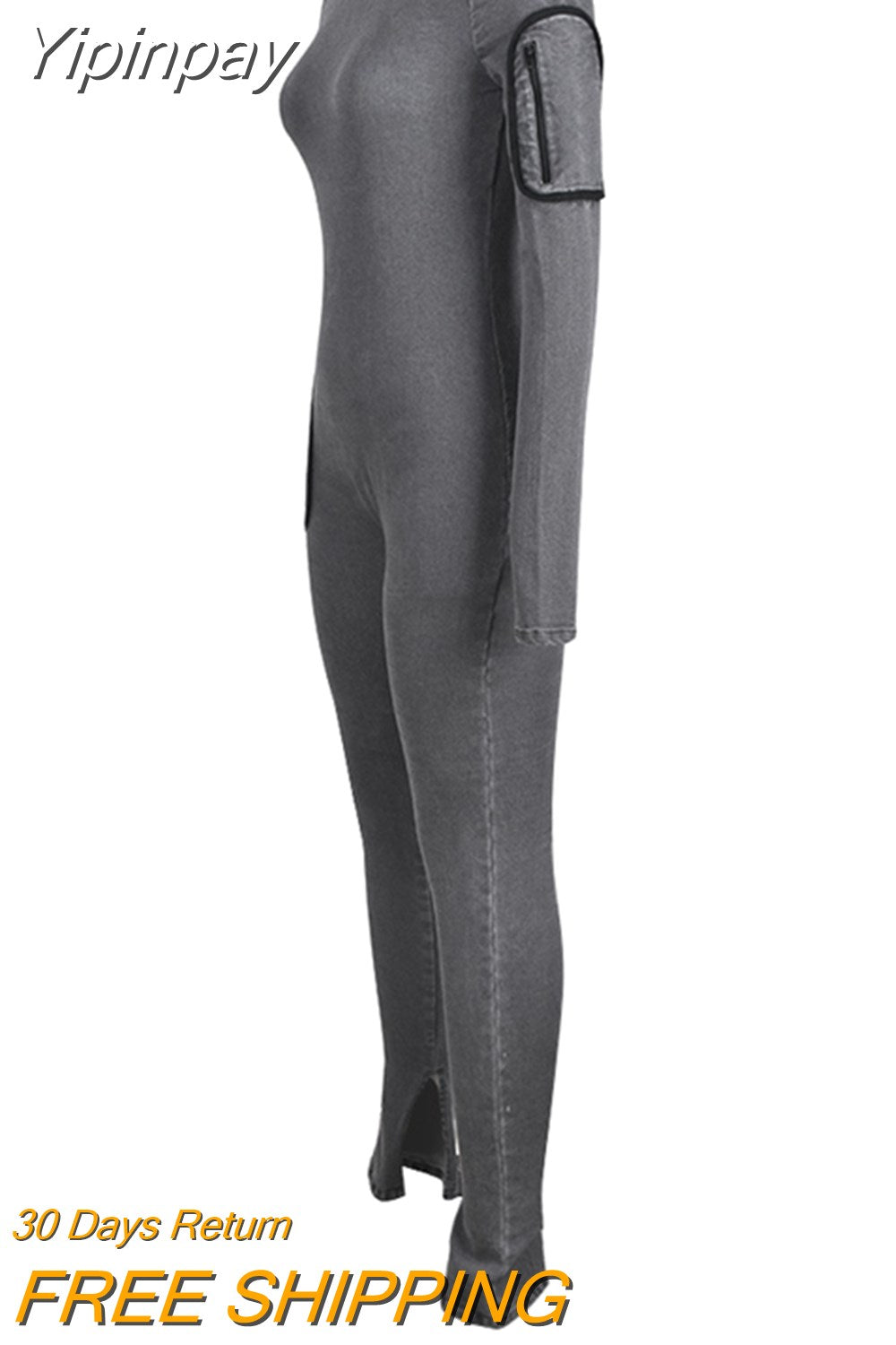 Yipinpay 2023 Sexy Cutout Zipper Jumpsuit Y2k Jeans Pocket Zipper Grey Slim Cloth Fall Street Fashion One Shoulder Jumpsuit Women