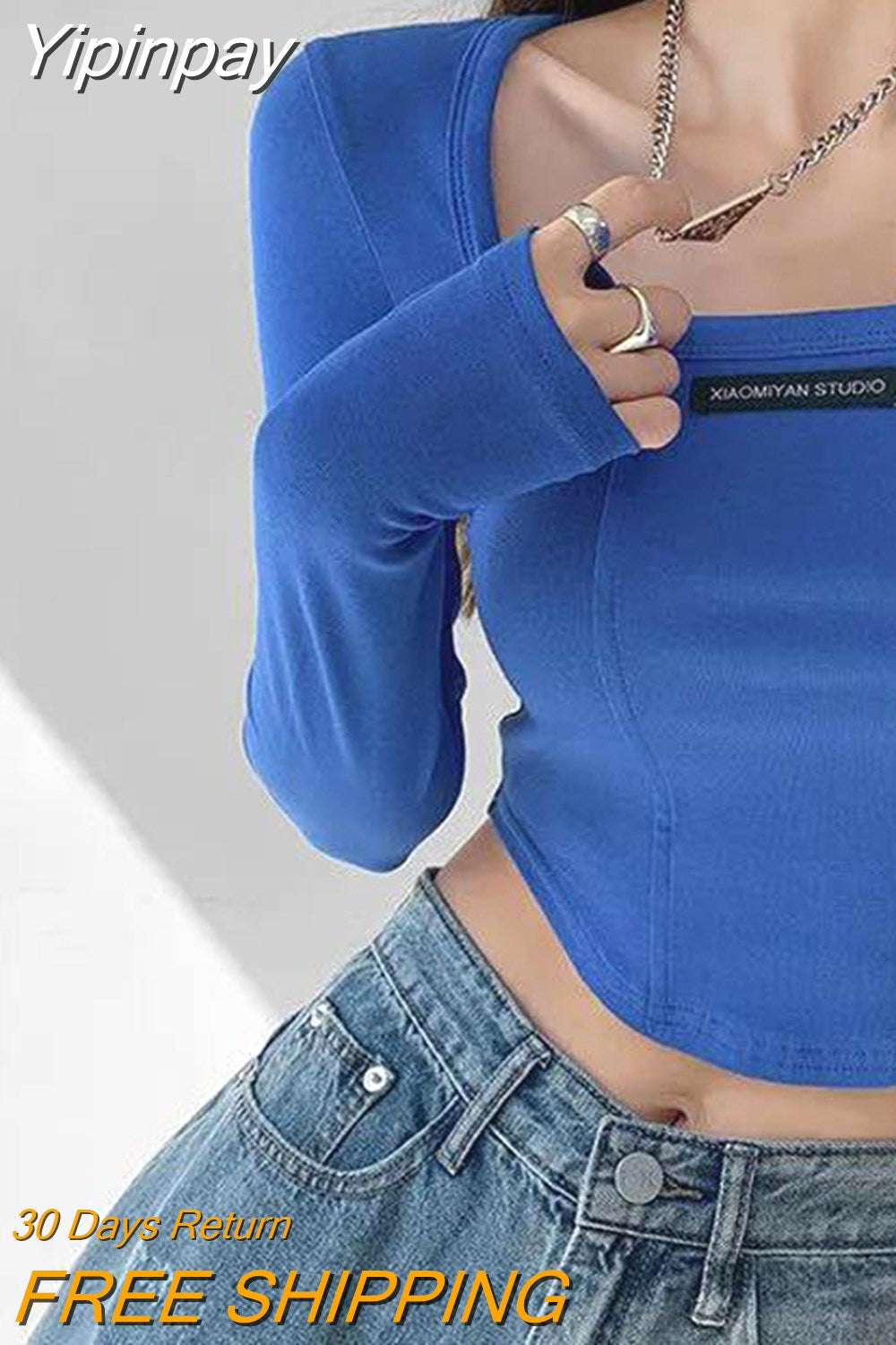 Yipinpay Style Brown Cropped Top Women Fashion Skinny Sexy Long Sleeve T Shirts Female Casual Square Neck Tees