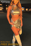 Yipinpay Piece Set Women Silver Bright Outfits Sexy Turtleneck Backless Corset Crop Top+High Waist Ruched Skinny Mini Skirts 2023
