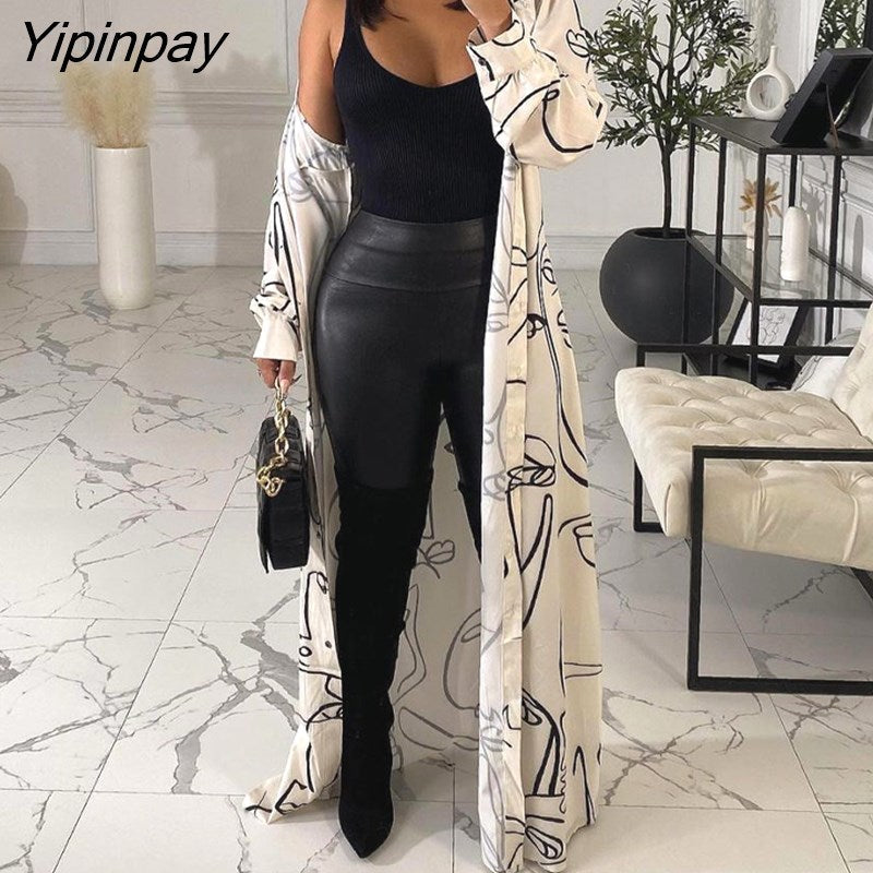 Yipinpay Women Chic Abstract Face Pattern Button Long Sleeves Turn Sown Collar Maxi Sexy Chain Midriff Dress Top