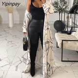 Yipinpay Women Chic Abstract Face Pattern Button Long Sleeves Turn Sown Collar Maxi Sexy Chain Midriff Dress Top