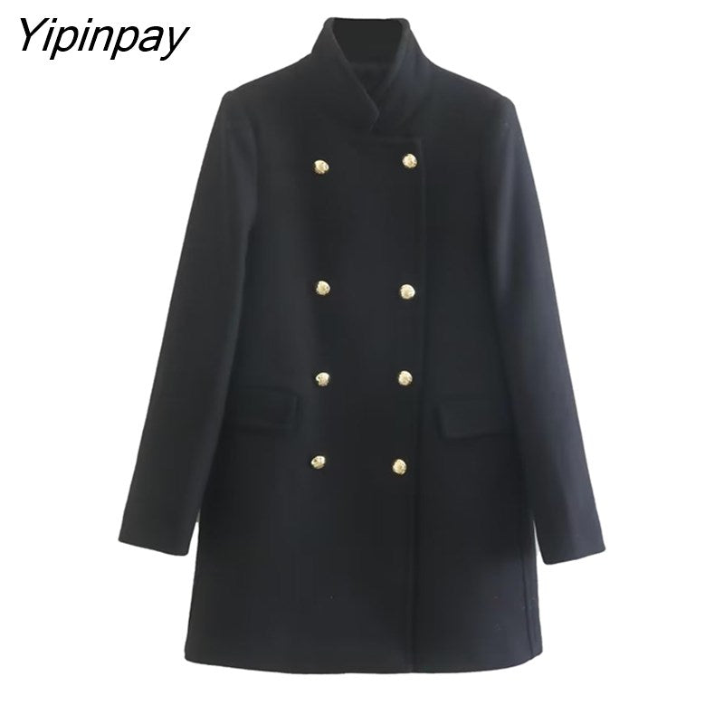 Yipinpay 2023 New Winter Solid Coat Women Double Breasted Long Sleeve Jacket Outwear Warm Basic Female Fashion Overcoat