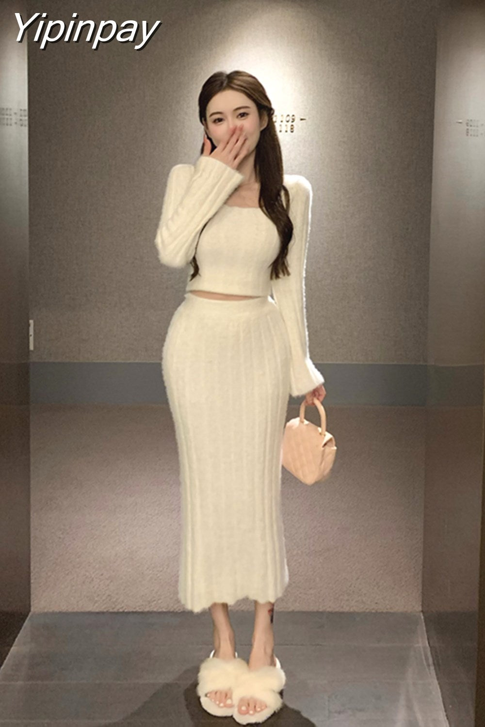 Yipinpay two piece skirt set Plush knit women long sleeve crop top +High waist midi skirts Elegant fall Winter 2023 white purple set
