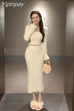 Yipinpay two piece skirt set Plush knit women long sleeve crop top +High waist midi skirts Elegant fall Winter 2023 white purple set