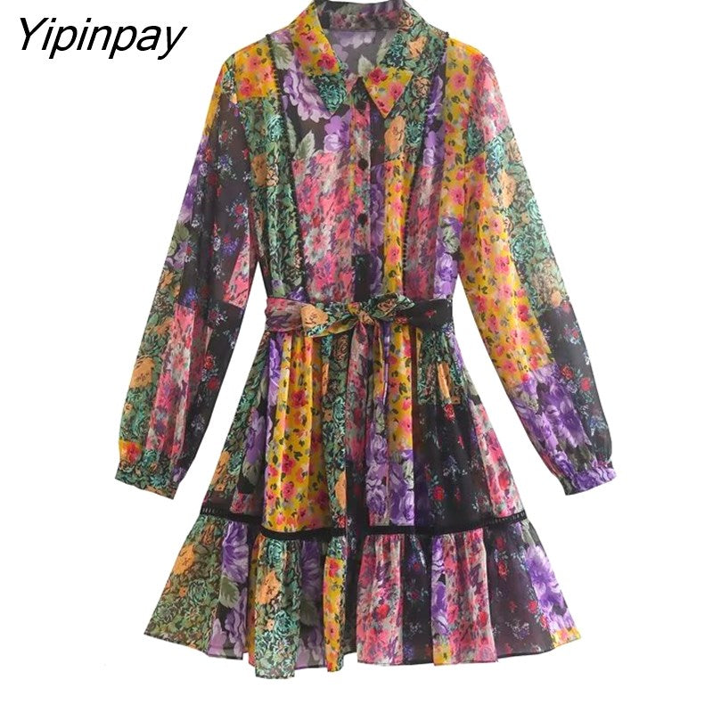 Yipinpay 2023 Spring Autumn Women Printed Mini Dresses With Belt Elegant Turn Down Collar Dress A-line Long Sleeve Vestidos
