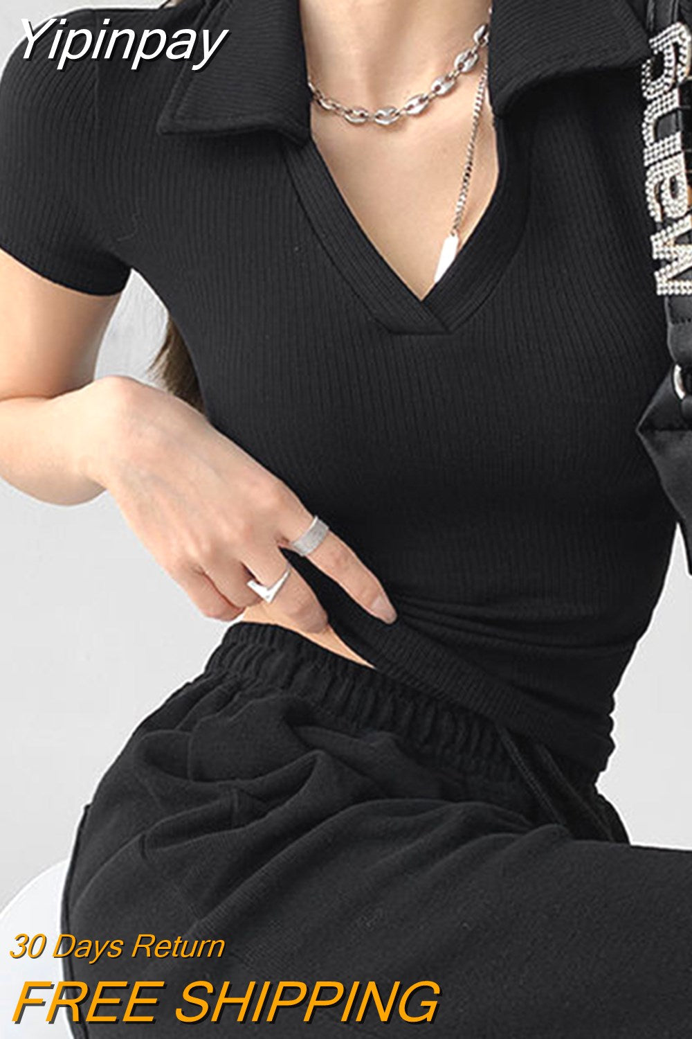 Yipinpay New Cropped Polo Shirts Women Summer Short Sleeve V-neck Y2k Tops Casual Fitting T-shirt Woman