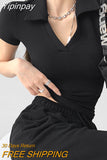 Yipinpay New Cropped Polo Shirts Women Summer Short Sleeve V-neck Y2k Tops Casual Fitting T-shirt Woman