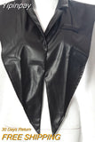 Yipinpay Women Notched Collar Faux Leather PU Tank Tops Ladies Sexy Sleeveless Shawl Vest 2023 Fall Harajuku Lolita Clothing