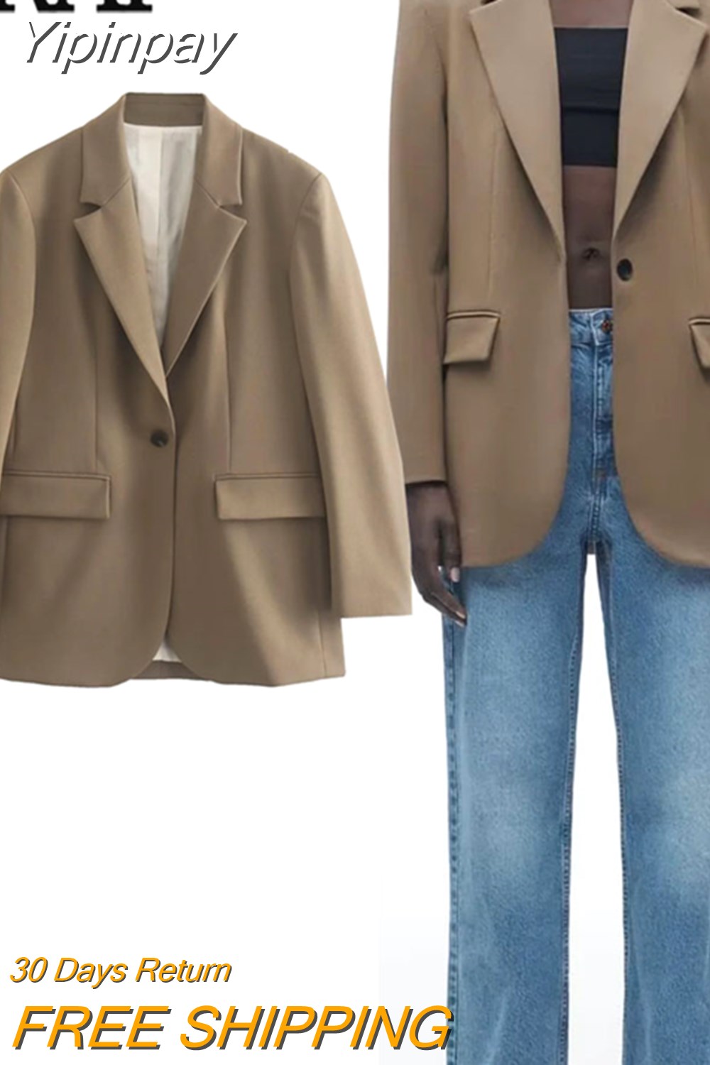 Yipinpay 2023 Brown Long Blazer Women Oversize Blazer Woman Long Sleeve Women's Spring Jacket Office Casual Elegant Womens Jackets