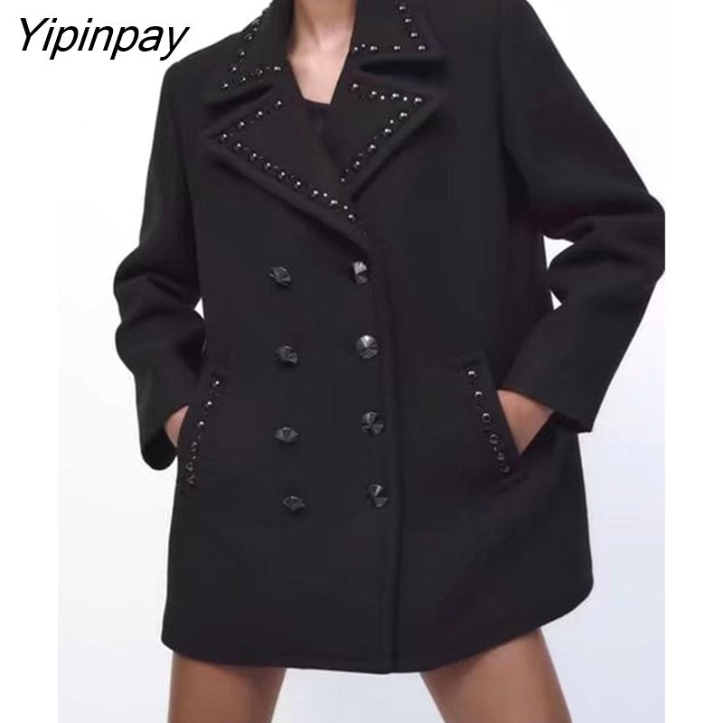 Yipinpay Women Winter Fashion Rivet Jacket Coat 2023 Vintage Long Sleeve Female Thick Warm Outerwear Double Breasted Chic Tops