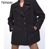 Yipinpay Women Winter Fashion Rivet Jacket Coat 2023 Vintage Long Sleeve Female Thick Warm Outerwear Double Breasted Chic Tops