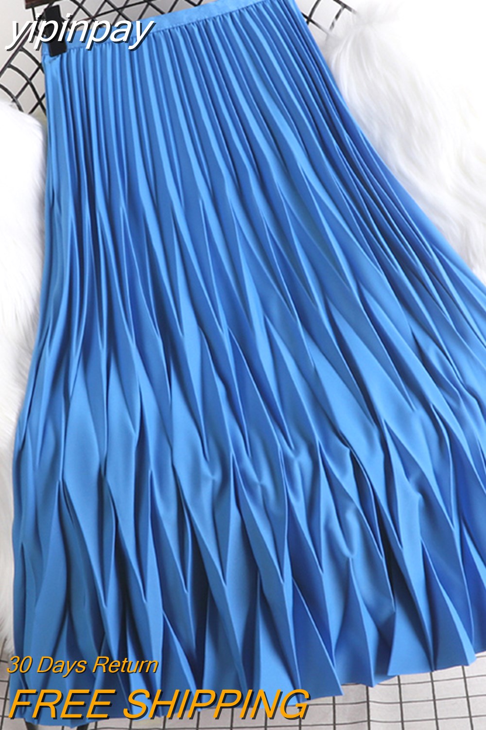 yipinpay 2023 Korean Summer Fashion Wave Pleated Long Midi Skirt Women Solid Color Casual Kawaii High Waist Mid-Calf Skirts