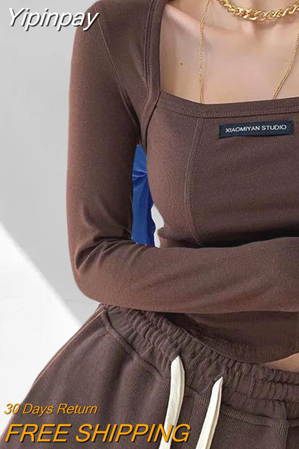 Yipinpay Style Brown Cropped Top Women Fashion Skinny Sexy Long Sleeve T Shirts Female Casual Square Neck Tees