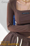 Yipinpay Style Brown Cropped Top Women Fashion Skinny Sexy Long Sleeve T Shirts Female Casual Square Neck Tees