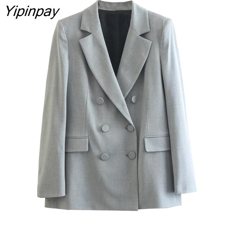 Yipinpay 2023 Spring Autumn Ladies Gray Blazer Suit Office Outfits Solid Double Breasted Jacket+Zipper Split Basic Long Pant Outwear