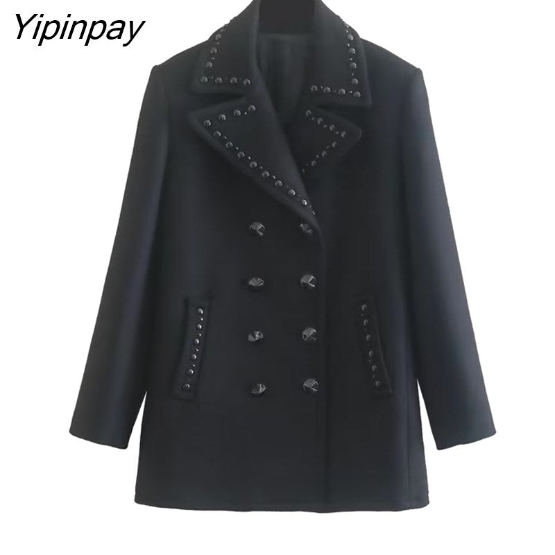 Yipinpay Warm Winter Black Solid Rivet Woolen Coat 2023 Fashion Long Sleeve Outwear Office Outfits Double Breasted Notched Overcoat