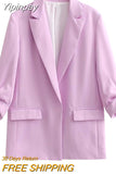 Yipinpay 2023 Purple Blazer Women Office Chic And Elegant Woman Jacket Turn Up Sleeve Women's Spring Jacket New In Outerwears