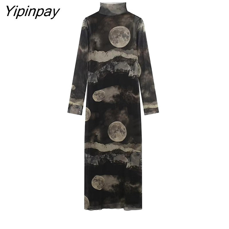 Yipinpay 2023 Ladies Printed Tulle Dresses Vintage Elegant Party Sheath Mid-Calf Dress Long Sleeve Turtleneck Vestidos Spring Autumn