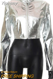 Yipinpay Metallic Bomber PU Faux Leather Jackets for Women 2023 Autumn Streetwear Fashion Zip Up Cropped Coats Outwear